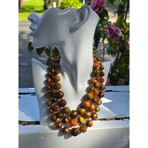 Vintage Multi-Strand Amber & Brown‎ Beaded Choker Necklace With Gold-Tone Clasp
